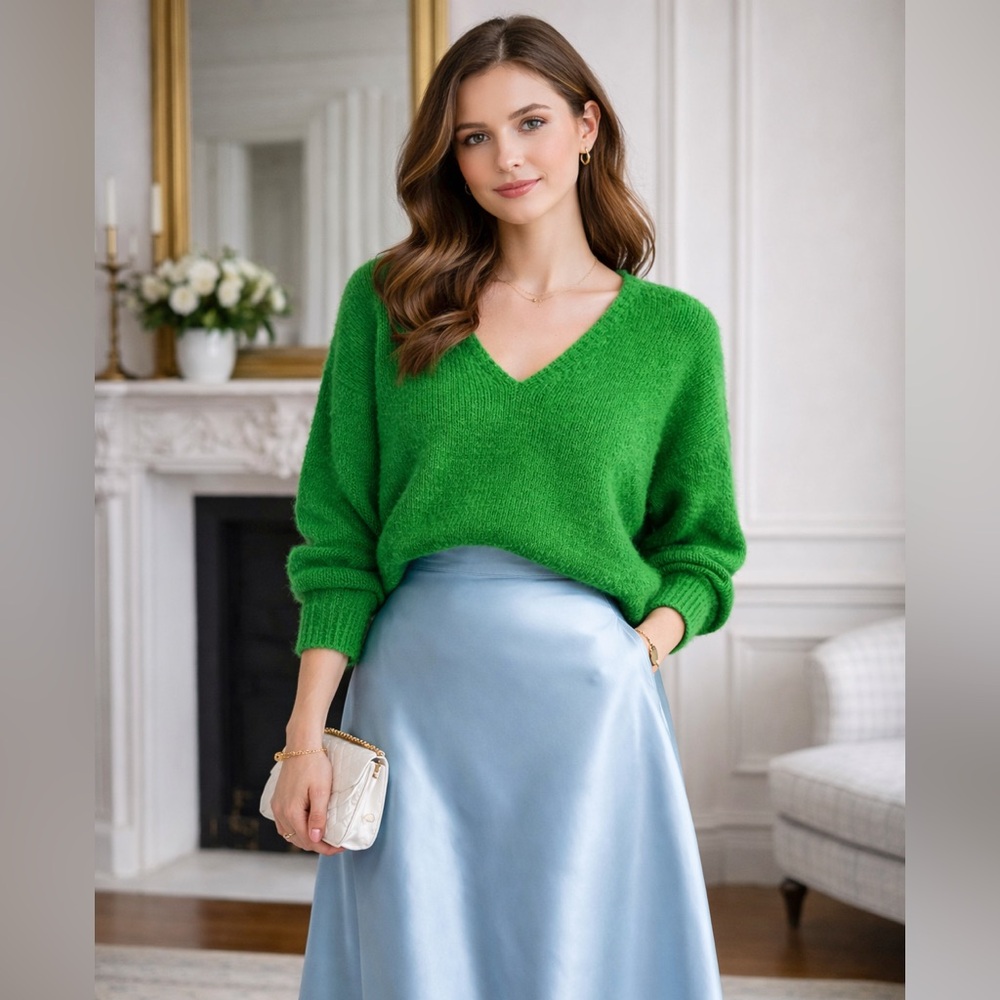 Naïs Green V-Neck kid mohair wool Italy Women's Sweater